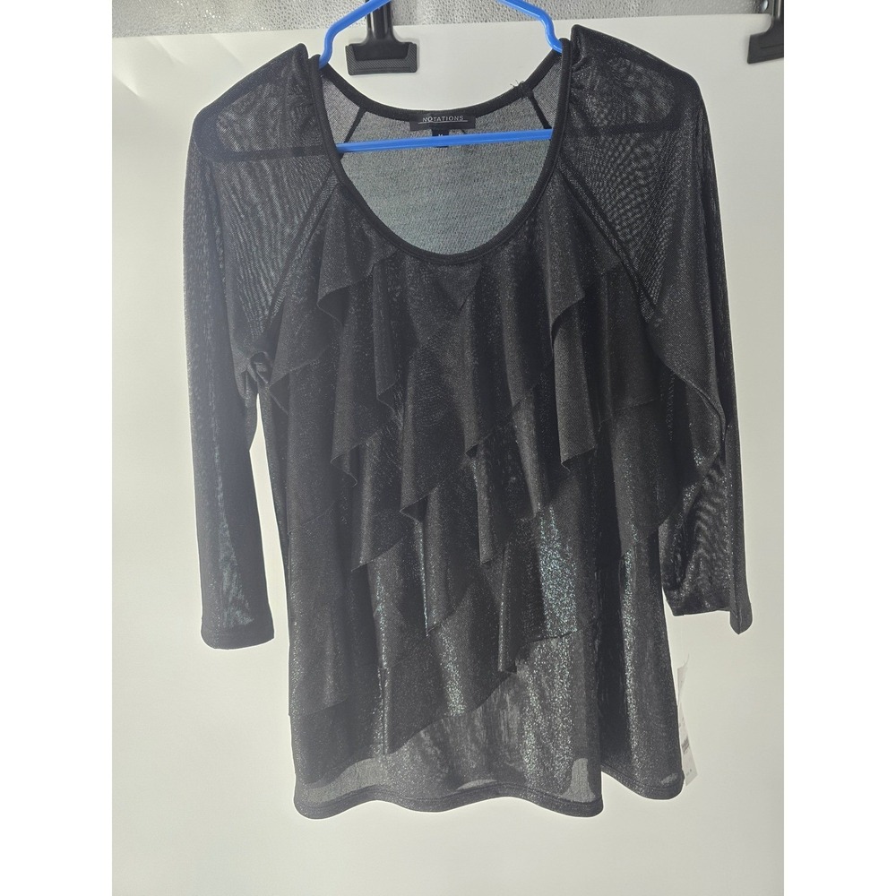 Notations Womens Coal Black Metallic Shimmer Ruffle Mesh Top MKWU0332‎ New